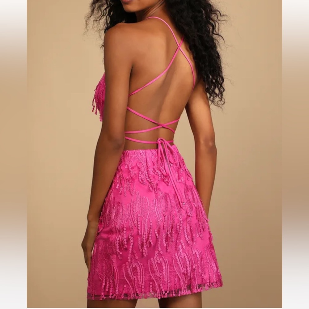 A7 - 377 Lulus hot pink lace up fringe mini dress size medium NWT - Picture 3 of 15